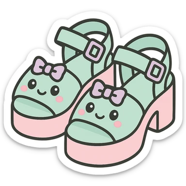 Transform these primarily black kawaii gothic shoes with pink and pastel accents, silver studs and chains, into platform sandals, no socks, no hearts, transparent background sticker
