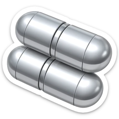 capsule pill emoji, metallic silver halves, smooth glossy finish, futuristic pharmaceutical 3D icon, isolated on white sticker