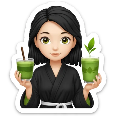 Fair skinned girl, black one braid hair wearing black bathrobe, holding a matcha sticker