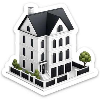 Upper East Side black and white classic modern townhouse exterior, isometric dollhouse-style, realistic sticker