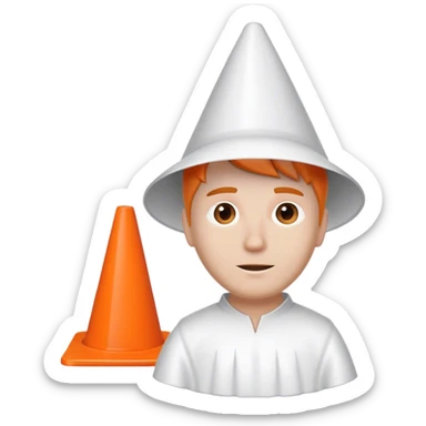 White guy with white gown and white traffic cone on head sticker
