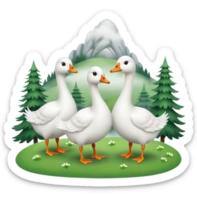 9 white geese standing on a green hill, front view, foggy sticker