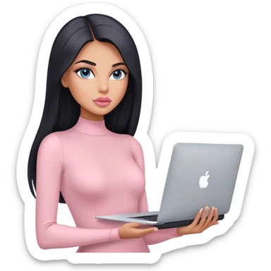 Glamours, tanned, very beautiful girl, with big pump peach-beige-rose lips, black straight smooth silky long hair, straight parting, blue-grey eyes, in light-pink bodysuit holding MacBook sticker