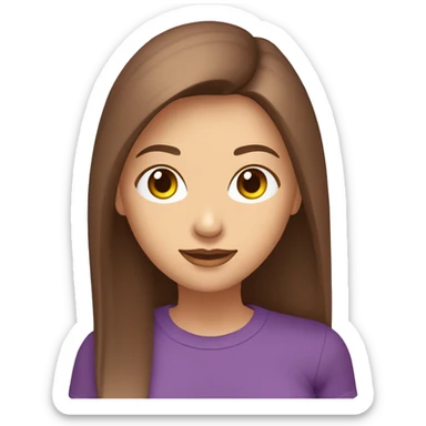 Femme aux cheveux longs châtains lisse avec peau claire avec les yeux verts et marrons avec un t-shirt violet sticker