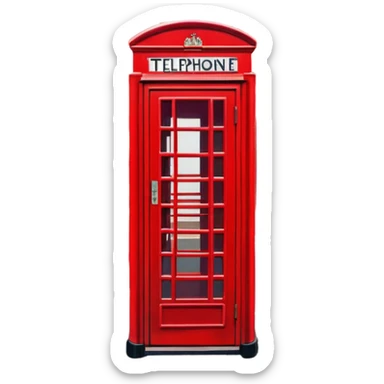 Cinematic Realistic depiction of an iconic red telephone box, rendered in vivid, saturated colors with detailed textures and reflective surfaces, set on a classic English street under soft, diffused daylight sticker