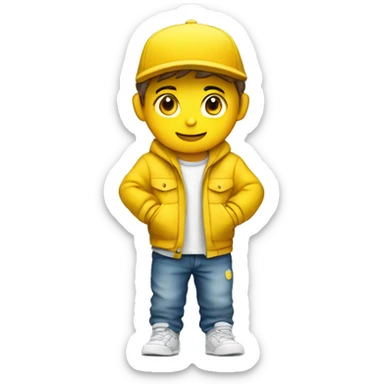Niño blanco saludando con gorra amarilla sticker