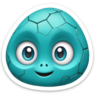 One small turquoise rock creature, rounded but still clearly a rock with cracks and facets, subtle shine, big expressive eyes and a shy smile, sticker