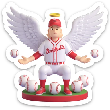 a baseball god with wings, surrounded by baseballs, celestial light, commanding presence sticker
