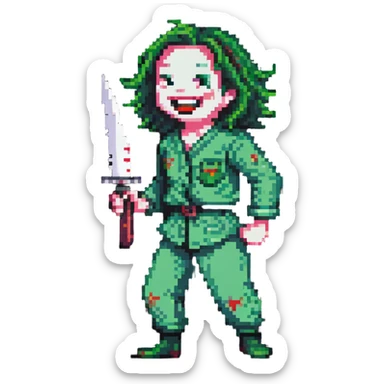pixelated savage person in 1988 fashion with neon colors, holding knife, wicked laugh sticker