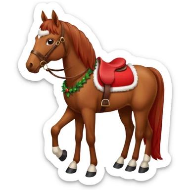 a christmas brown horse with a red saddle sticker