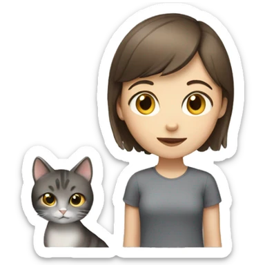 Girl with a short brown hair with grey cat sticker