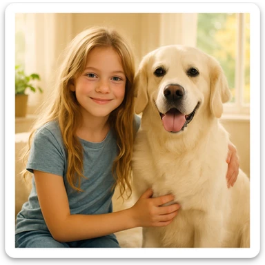 dirty blonde girl with long hair and dark blue eyes, sitting beside an English cream golden retriever, relaxed and happy mood sticker