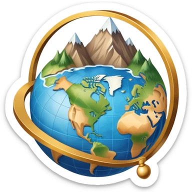 An icon featuring a globe, a compass, and a map, symbolizing geography. The design includes mountain ranges, rivers, and continents, representing the study of Earth’s landscapes and environments. Transparent background highlights the exploration and understanding of the world’s geography. sticker