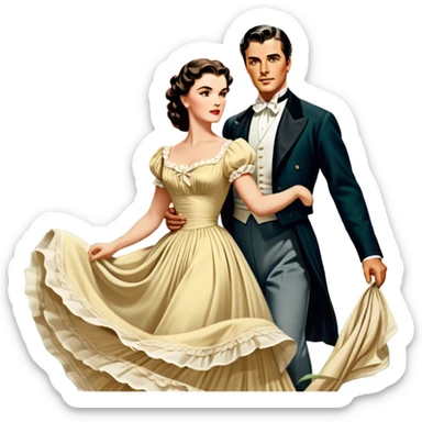 Icon for Romance Movie: A vintage movie poster-style design inspired by Gone with the Wind. Include romantic, sweeping imagery like Scarlett O'Hara in a flowing dress, Rhett Butler, a plantation backdrop, and fluttering wind-blown fabric. Soft, nostalgic cinematic feel. Transparent background. sticker