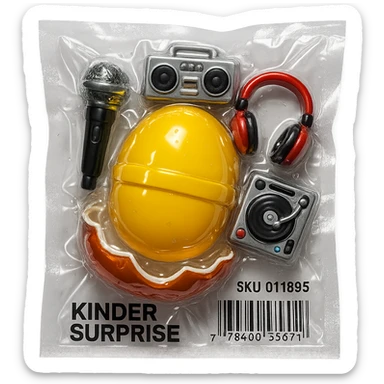 Kinder Surprise egg opened, showing toys including microphone, boombox, headphones, DJ turntable, shiny and inflated vacuum-sealed style sticker