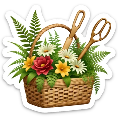 Emoji for Floristry: a bouquet of flowers in a woven basket, with reeds, ferns and floral arranging tools nearby, like scissors and a flower stem. The icon should represent creativity in flower design and arranging. Transparent background. sticker