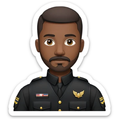 black soldier very short hair, short beard that connects seamlessly to his mustache,  in black bulletproof vest, black uniform sticker