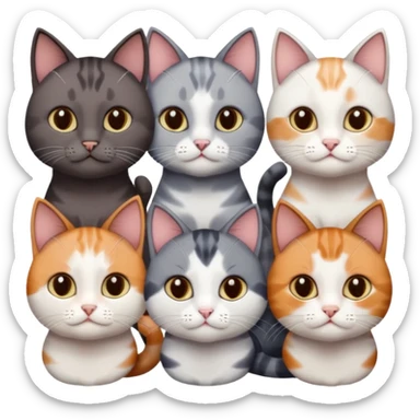 5 different coloured short haired cats including; a dark brown and white cat, and a dark grey and white, and a calico sticker