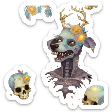iridescent kintsugi fluffy zombie black brown gold dog fox head zombie skeleton gold mechanical nebula galaxy stars colorful flowers fairy lights vintage zombie sticker