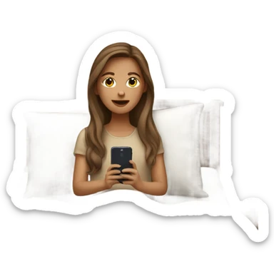 white girl with long brown hair in a bed with beige comforter on her phone sticker