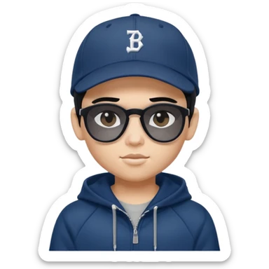 generate a fair pretty bratz boy wearing a dark blue baseball cap with black sunglasses and a grey hoodie

hair black  sticker