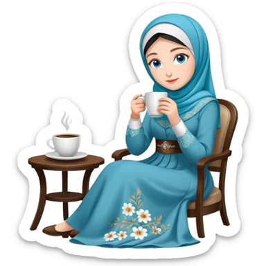 Turkish beautiful finish Konya girls blue eyes with floral Beauty hijab long tail dress and the two friends sits on the chair on the ground and holds cup coffe with her hand  sticker