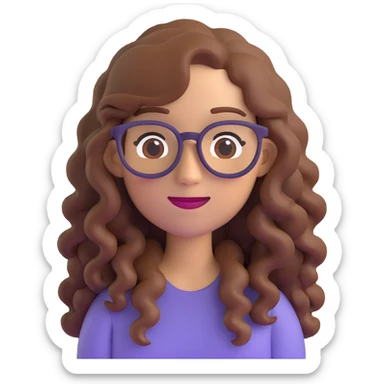woman with long curly brown hair and eyeglasses, 3D emoji style sticker