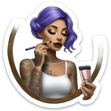 Hyper Realistic Beautiful tattooed woman applying her makeup in a mirror with lights on sticker