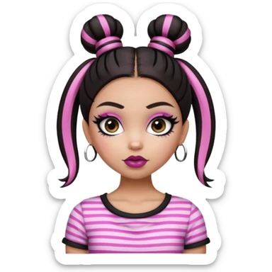 generate a pretty fair bratz girl with dark brown eyes. Dark brown hair straight hair with pink highlights tied into buns.  eyeliner. black lipstick. Black and white striped top.  sticker