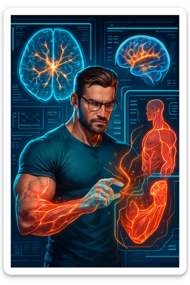 "Neuroscientist using advanced visualization to reprogram muscle development pathways, brain scans showing neural networks firing to stimulate muscle growth, expression of scientific breakthrough, his body responding to optimized mental training protocols, muscle memory being created without physical movement, consciousness hacking biological systems for muscle development" sticker