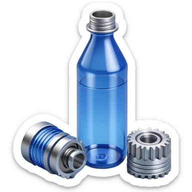 "A high-quality 3D isometric icon of a blue translucent PET plastic bottle standing next to a sleek metallic industrial gear. Clean studio lighting, white background, soft shadows, 3D clay render style, minimalist and professional." sticker