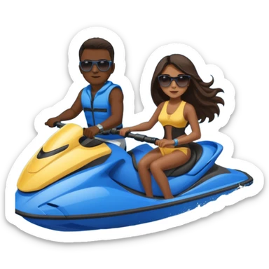 Dark male dark hair & light tan female long dark hair on a blue jet ski no sunglasses sticker