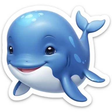 Cinematic happy baby whale, chubby rounded body, tiny smiling face, soft pastel blue hues, gentle glowing waves around, joyful and soothing. sticker