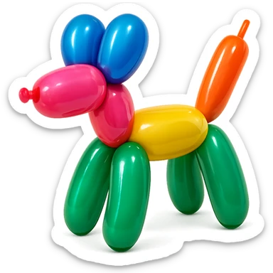 <system_prompt>
  <style>
    <name>Hyperrealistic Colorful Balloon</name>
    <description>3D render designed in a hyperrealistic colorful balloon style.</description>
    <materials>
      <surface>
        <type>latex</type>
        <finish>shiny</finish>
        <reflectivity>high</reflectivity>
        <stretching>slightly_stretched</stretching>
        <imperfections>
          <creases>subtle</creases>
          <warps>light</warps>
          <kinks>natural</kinks>
        </imperfections>
        <ends>tied</ends>
      </surface>
    </materials>
    <shape>
      <feel>inflated</feel>
      <construction>hand-twisted</construction>
      <volume>high</volume>
    </shape>
    <lighting>
      <style>sharp</style>
      <shadows>none</shadows>
      <enhance>volume</enhance>
    </lighting>
    <aesthetic>
      <mood>playful</mood>
      <style>pop-art</style>
    </aesthetic>
    <background>
      <style>minimal</style>
      <clean>true</clean>
    </background>
  </style>
</system_prompt>

{subject} = dog sticker