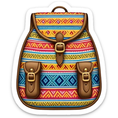 Cinematic Realistic image of a traditional Colombian mochila, rendered with detailed woven textures and vibrant patterns, set against a rustic backdrop with soft, cultural lighting sticker