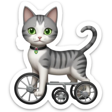 full body small short hair dark grey and white cat with green eyes walking in a wheelchair for cats sticker
