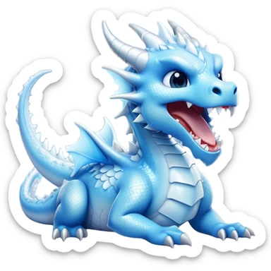 Cinematic Cute Yawning Beautiful Ice Dragon Portrait Emoji, Head tilted slightly with a dramatic, wide-open yawn, revealing a softly crystalline body with subtly drooping, frost-laden scales in cool blues and silvery hues, each detail rendered with natural icy finesse; high shine, relaxed yet elegant, styled with a dash of enchanted winter charm, soft glowing outline, capturing the essence of a sleepy yet graceful ice drake ready to stretch out and melt into a serene, frozen slumber! sticker