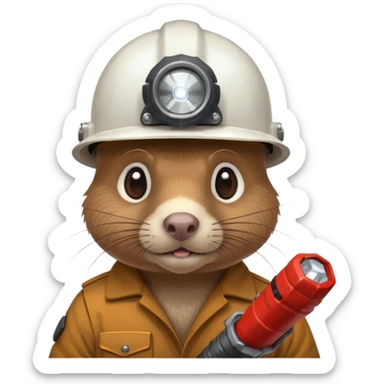 a mole rat with ore drill bit, white helmet, headlamp sticker