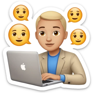 Focused online entrepreneur with laptop and phone, light glow, clean emoji style, simple background sticker