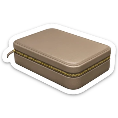 rectangle box made of taupe leather with gold zip around the centre sticker