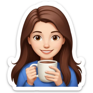 white girl with brown long hair and a hot chocolate sticker