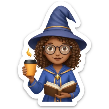 A Joyful child Female with Brown skin and Curly hair, wearing a Traditional outfit, a Wizard hat, Sunglasses, carrying a Spellbook, working as a farmer, while drinking Coffee and reading a Textbook. sticker