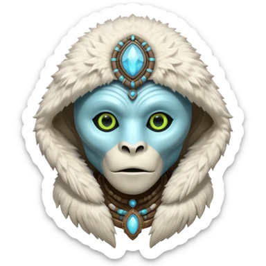 ancient arctic alien shaman portrait, head and shoulders only, Inuit-inspired fur hood, carved bone ornaments, glowing cosmic eyes, icy alien skin, spiritual sci-fi vibe, 3D cartoon, mobile game icon style, clean background, no text, no watermark


 sticker