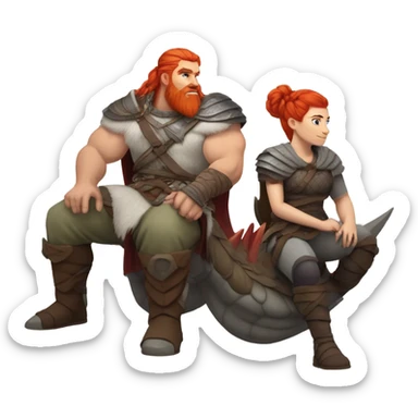  White Viking red head pale skin beautiful dragon  queen with a Viking solder with a gray man bun built white solder on a dragon  sticker