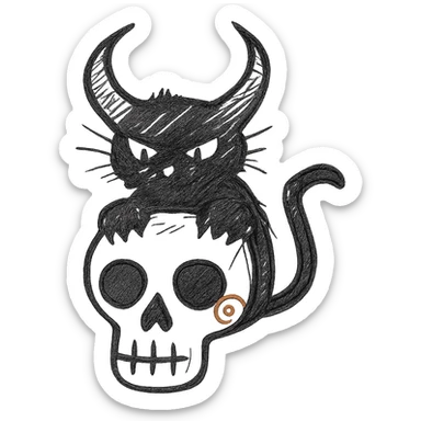 Add a black cat with oversized demon horns, front paws gripping the skull, hand drawn style with expressive linework, no fill, preserve the red spiral on the cheek, transparent background. sticker