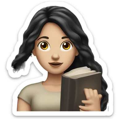 white girl with long black hair with book on hand sticker
