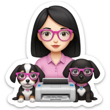 Una chica con pelo negro y lentes rosados con una impresora y dos perras una cajeta y la otra negra sticker