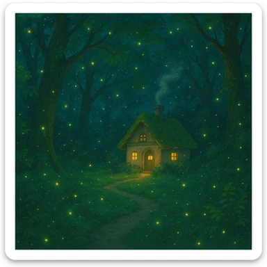 whimsical forest scene with glowing fireflies and a small cottage sticker