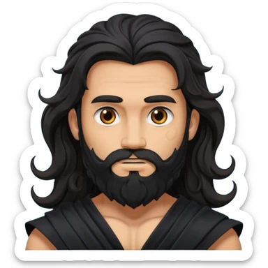 Hades from Olympus Gods with long black wavy hair and beard, black loincloth sticker