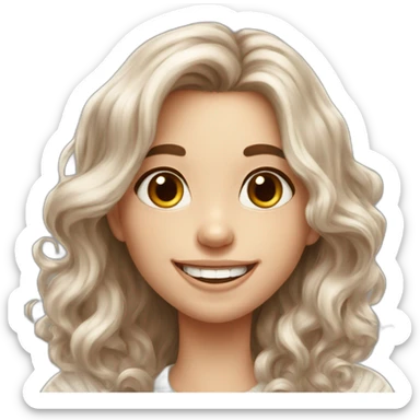 beautiful girl, white, with long loose wavy hair, brown hair, brown eyes, smiling, good teeth, white sweater, she laughs and waves her hand, realistic drawing sticker